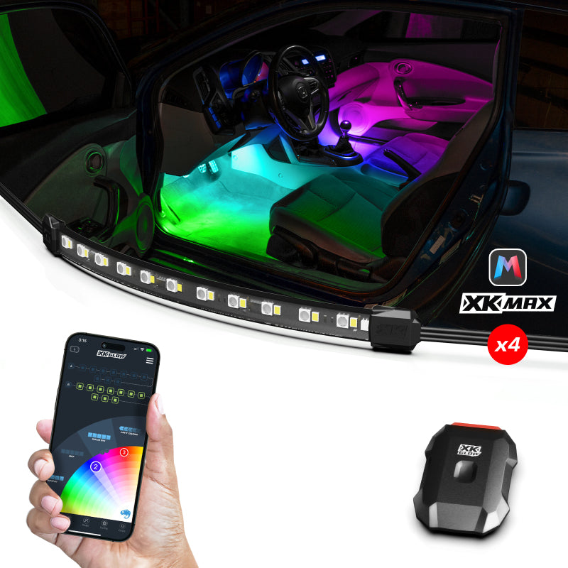 XK Glow XKmax 4-piece addressable RGBW LED interior lighting kit showing four light strips and control module.
