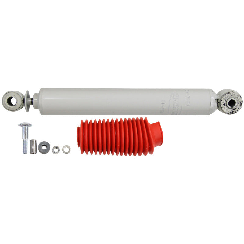 Rancho RS5000 series front steering stabilizer with a black protective accordion boot.