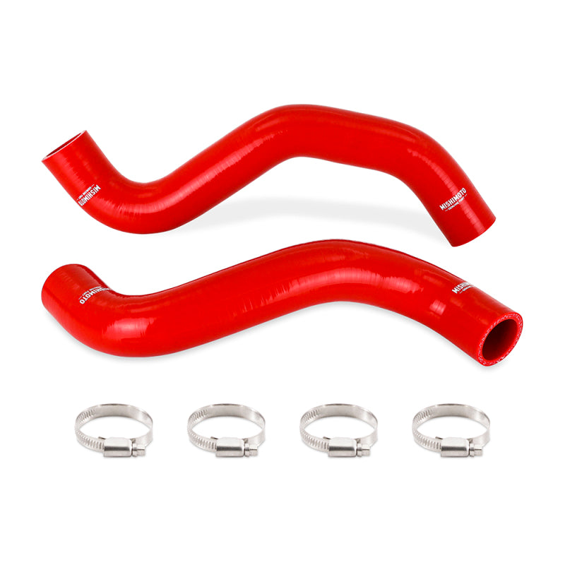Red Mishimoto 4-ply silicone radiator hose kit for 1995-2004 Toyota Tacoma and 4Runner 3.4L with worm gear clamps.