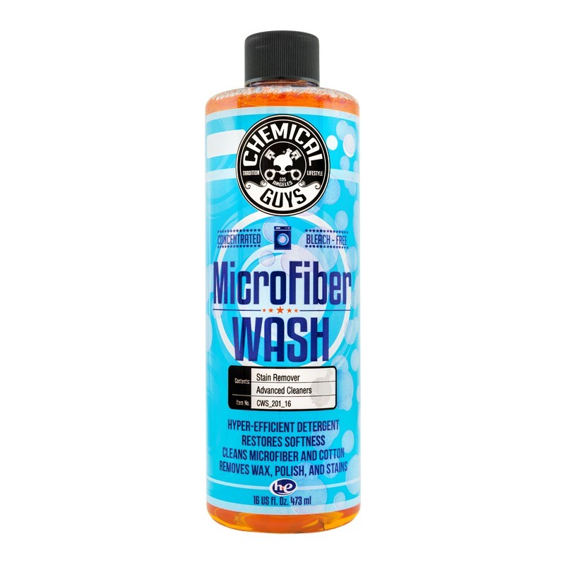16oz bottle of Chemical Guys Microfiber Wash Cleaning Detergent Concentrate with clear liquid and flip-top cap