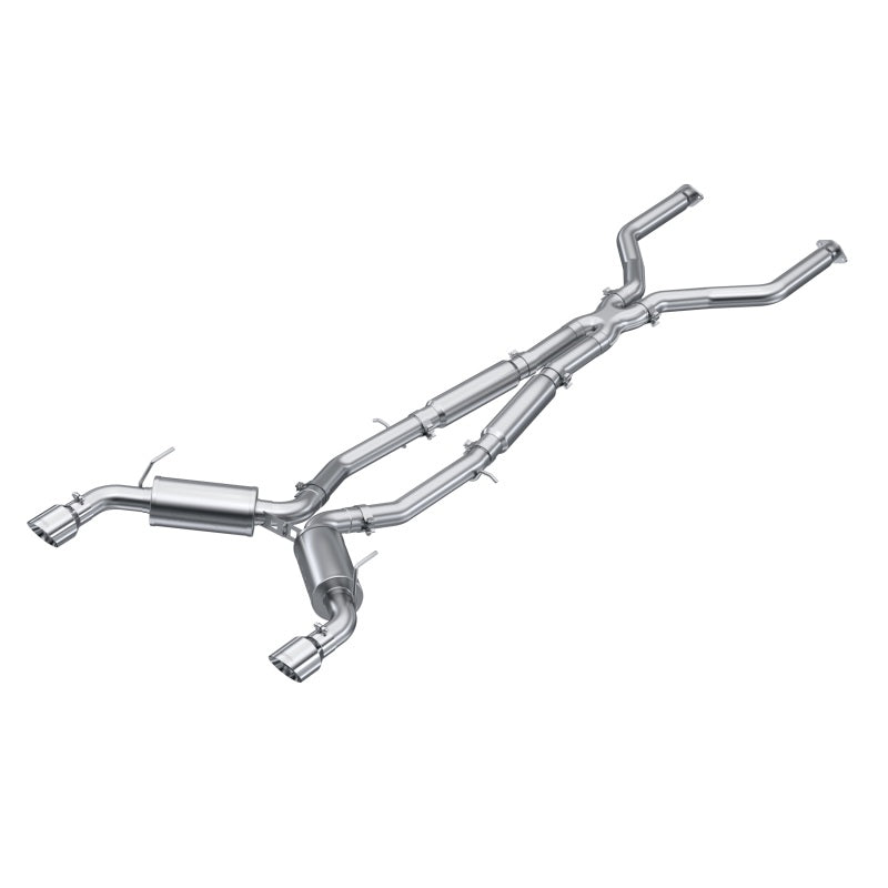 MBRP Armor Pro Series T304 stainless steel cat-back exhaust system with 3-inch mandrel-bent tubing and dual exits.