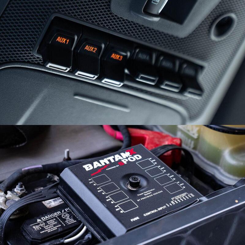 sPOD BantamX 8-circuit power management module with vehicle-specific mounting hardware and wiring for Ford Super Duty.
