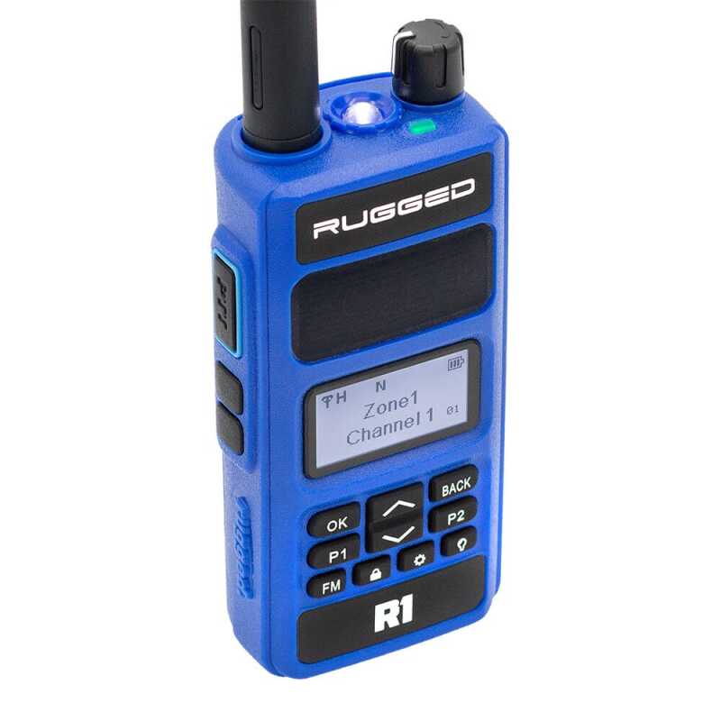Blue Rugged Radios R1 handheld business band two-way radio featuring a digital display, keypad, and high-gain antenna.