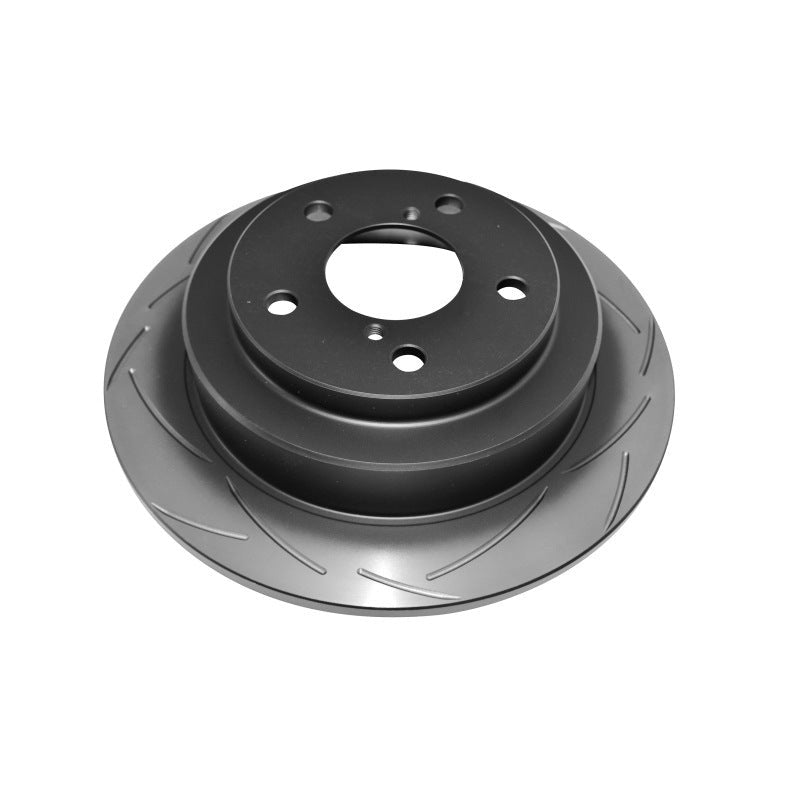 DBA Street Series T2 rear slotted brake rotor featuring bi-symmetrical slots and black painted hub for corrosion resistance.