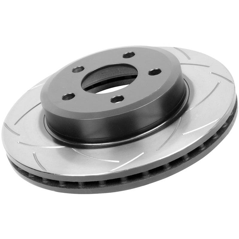 DBA T2 Street Series 10-stud hole rear slotted brake rotor for Subaru Impreza with Kangaroo Paw ventilation.