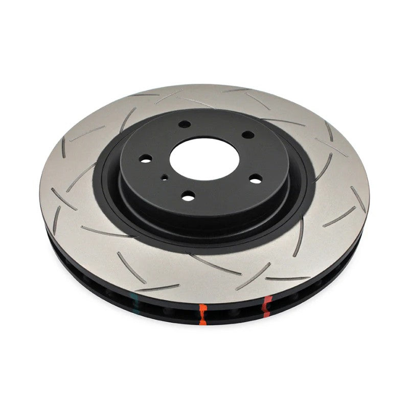 DBA 4000 Series T3 slotted front brake rotor featuring tri-symmetrical slots and high-carbon iron construction.
