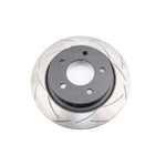DBA T2 Street Series rear brake rotor with bi-symmetrical slot pattern and internal ventilation vanes