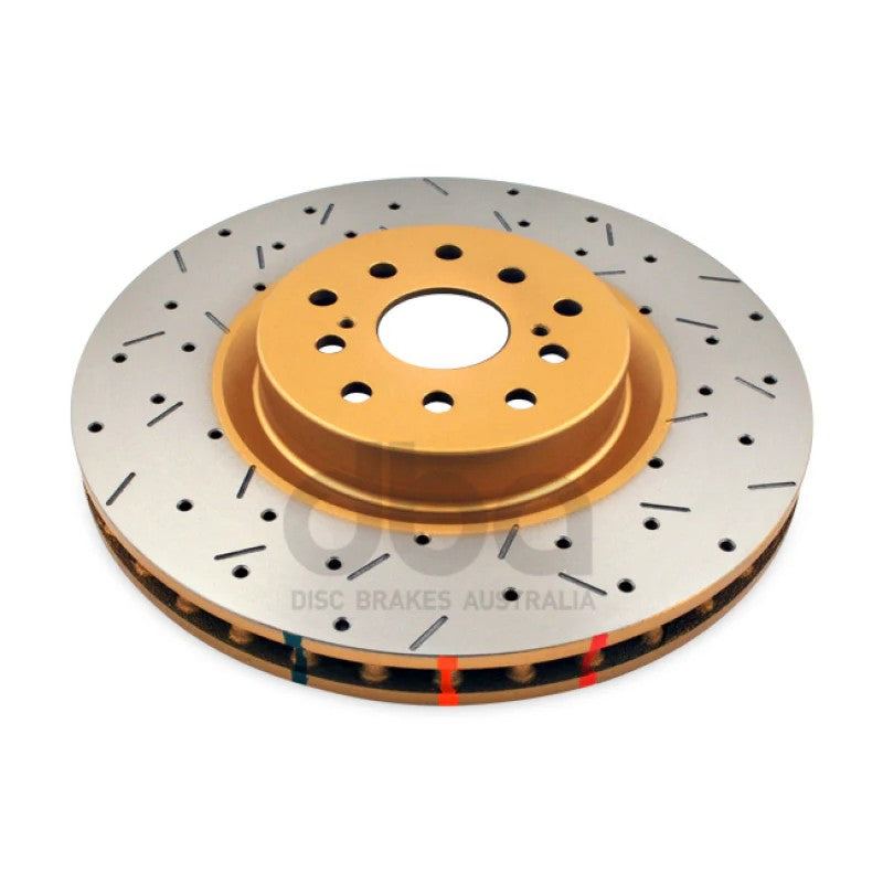 DBA 4000 Series XS front brake rotor featuring 10-hole design and cross-drilled and slotted surface.