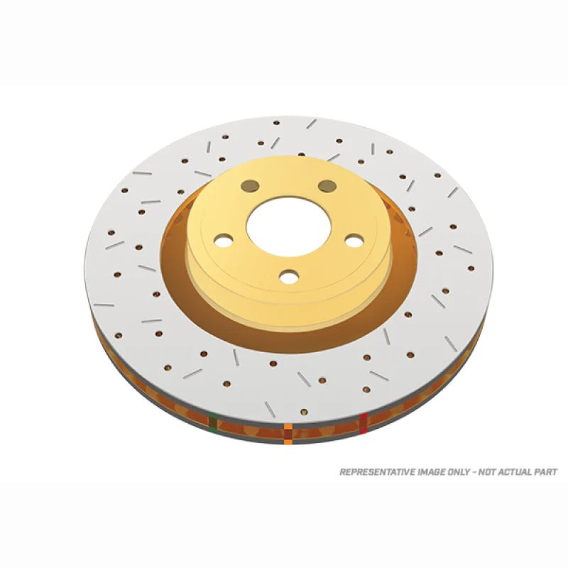 DBA 4000 Series XS rear brake rotor with cross-drilled and slotted face and gold hub finish.