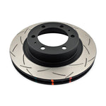 DBA 4000 Series T3 front slotted brake rotor showing Tri-symmetrical slotting and black coated hub