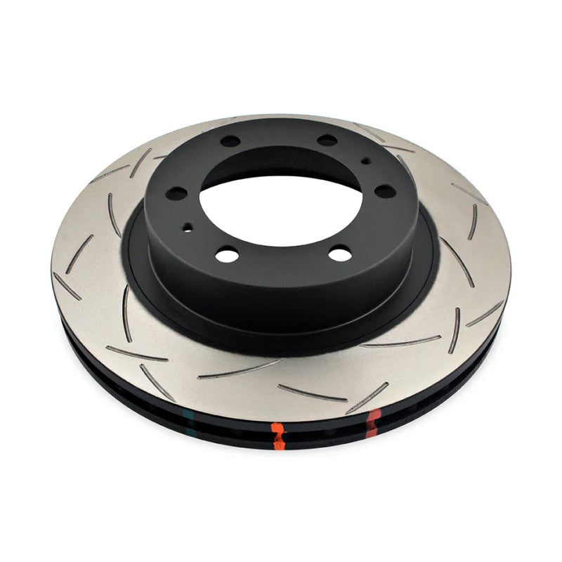 DBA 4000 Series T3 front slotted brake rotor showing Tri-symmetrical slotting and black coated hub