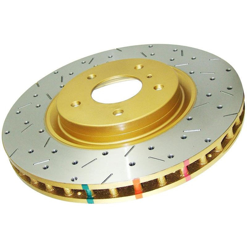 DBA 4000 Series XS drilled and slotted front brake rotor featuring Kangaroo Paw ventilation.
