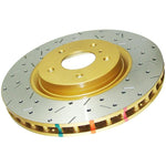 DBA 4000 Series XS drilled and slotted front brake rotor featuring Kangaroo Paw ventilation.