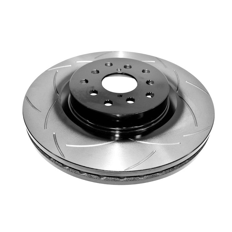 DBA T2 Street Series slotted front brake rotor with bi-symmetrical CNC-machined slots and black hub coating.