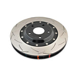 DBA 5000 Series T3 2-piece slotted front brake rotor with black anodized aluminum hat and tri-symmetrical slots.