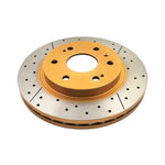 DBA Street Series X Gold front brake rotor with cross-drilled and slotted patterns and a gold-painted hub