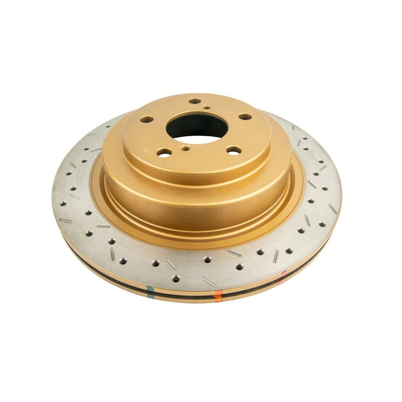 DBA 4000 Series XS rear drilled and slotted brake rotor showing Kangaroo Paw ventilation and high carbon finish