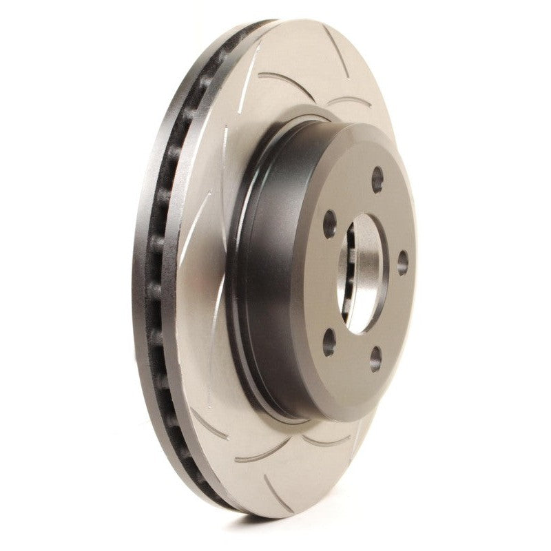 DBA Street Series T2 front slotted brake rotor showing bi-symmetrical slot pattern and internal cooling vanes.
