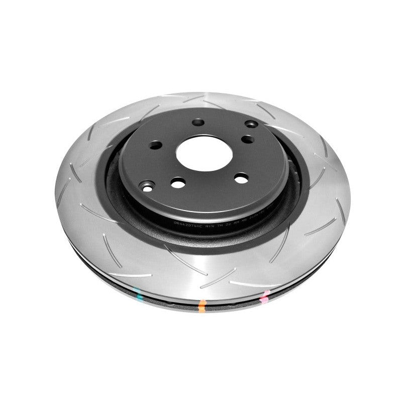 DBA 4000 Series T3 rear slotted brake rotor DBA42074S showing tri-symmetrical slots and thermal paint markings.