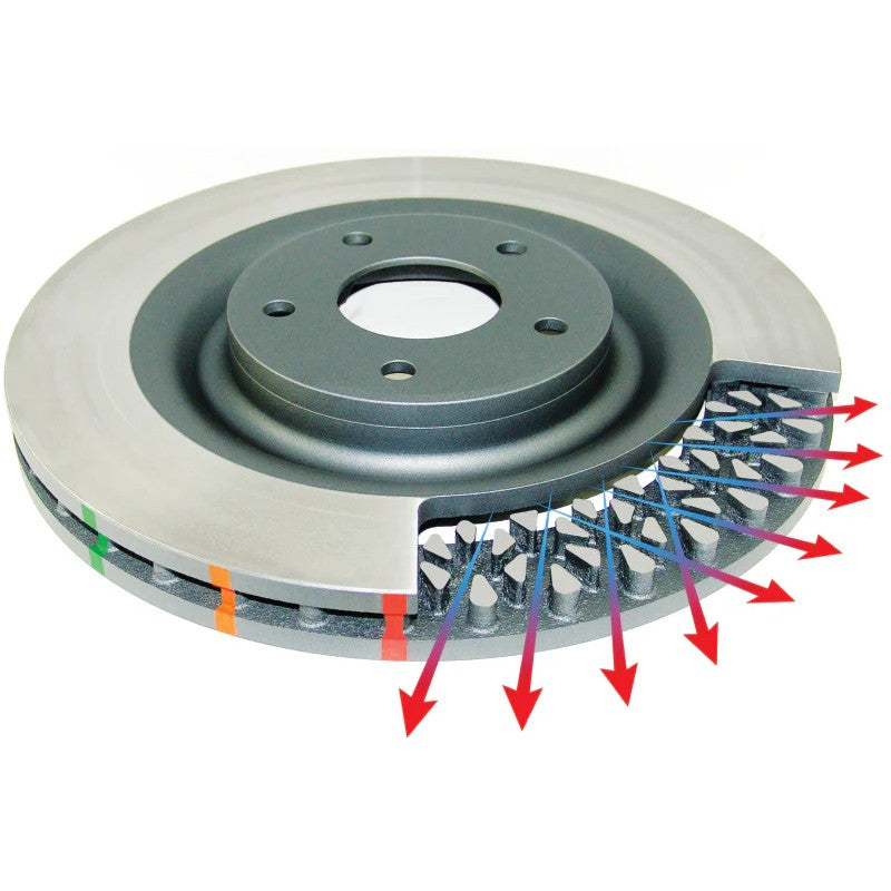 DBA 4000 Series T3 front slotted brake rotor with tri-symmetrical slots and thermo-graphic paint markings.