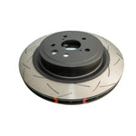 DBA 4000 Series T3 T-slotted rear brake rotor with CNC machined slots and high-carbon iron finish