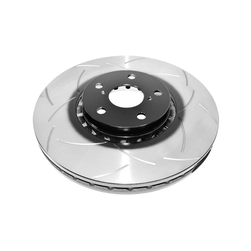 DBA Street Series T2 front brake rotor featuring bi-symmetrical slotting and Kangaroo Paw ventilation pillars.
