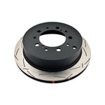 DBA 4000 Series T3 rear brake rotor with Tri-symmetrical slots and high-carbon iron construction.
