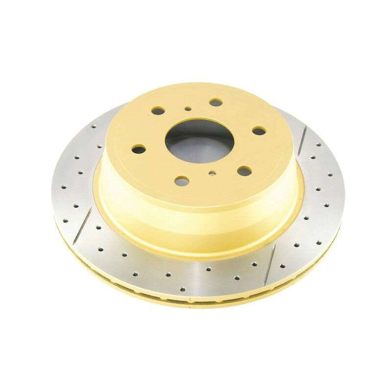 DBA Street Series X Gold rear brake rotor DBA2011X featuring a non-directional cross-drilled and slotted design and gold hub.