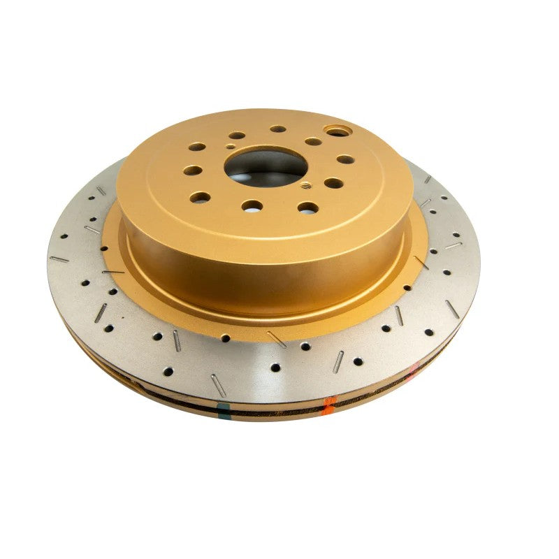 DBA 4000 Series XS rear drilled and slotted brake rotor with high-carbon iron finish.