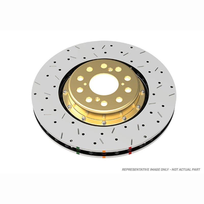 DBA 5000 Series XS two-piece front brake rotor featuring cross-drilled and slotted friction ring with gold anodized hat.