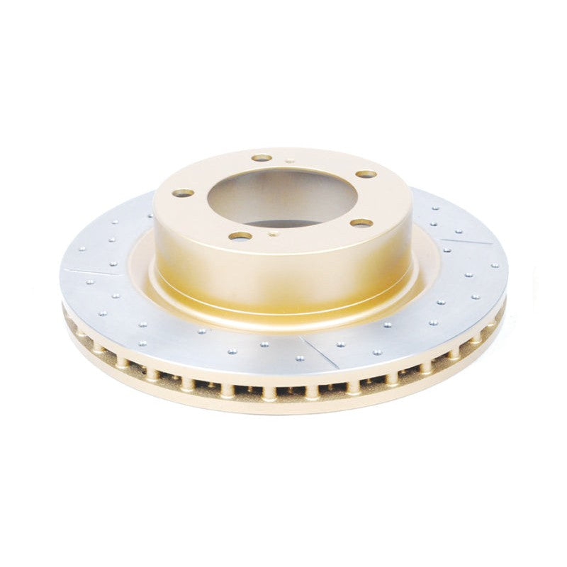 DBA Street Series X drilled and slotted front brake rotor featuring patented Kangaroo Paw ventilation pillars.