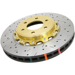 DBA 5000 Series XS 2-piece front brake rotor with black aluminum hat and drilled/slotted surface for Nissan GT-R.