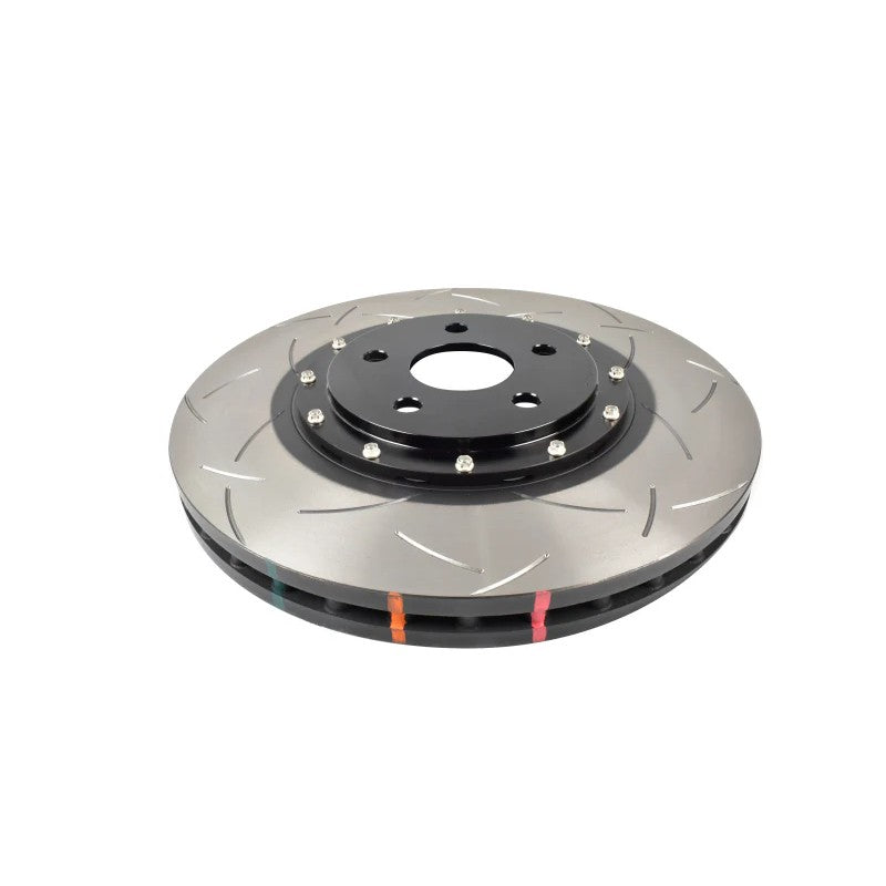 DBA 5000 Series T3 2-piece slotted front brake rotor with black center hat and curved cooling slots.