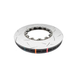DBA 5000 Series T3 slotted two-piece brake rotor with gold NAS nuts for 2018 Jeep Grand Cherokee.