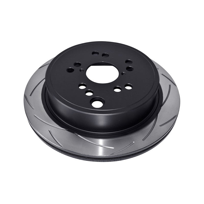 DBA T2 Street Series slotted rear brake rotor with bi-symmetrical CNC-machined slots and black anti-corrosion hub coating
