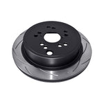 DBA T2 Street Series slotted rear brake rotor with bi-symmetrical CNC-machined slots and black anti-corrosion hub coating
