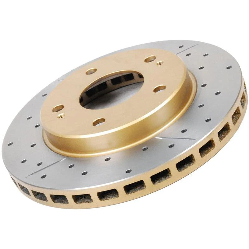 DBA Street Series rear brake rotor featuring cross-drilled holes, 10-lug slot pattern, and internal Kangaroo Paw cooling.