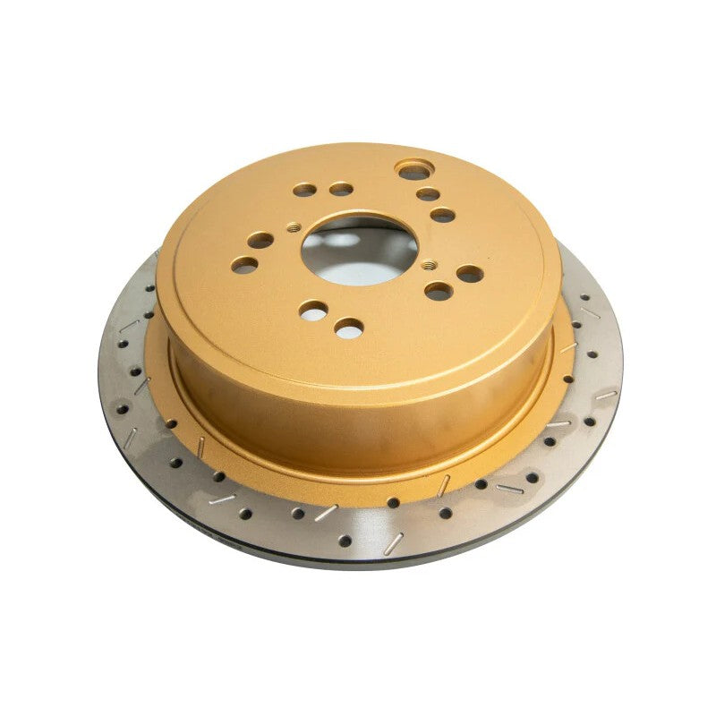 DBA 4000 Series XS rear drilled and slotted brake rotor featuring 10-lug mounting pattern and gold hub finish.