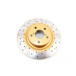 DBA 4000 Series XS front brake rotor featuring drilled and slotted patterns and high carbon iron construction
