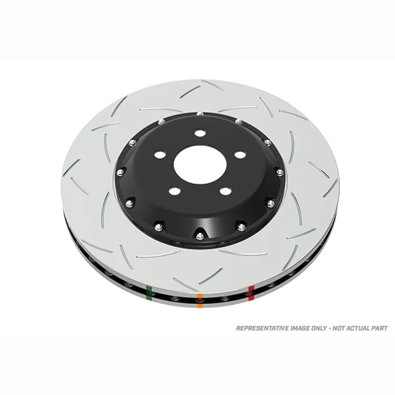 DBA 5000 Series T3 2-piece slotted brake rotor with black aluminum hat and T3 curved slots.