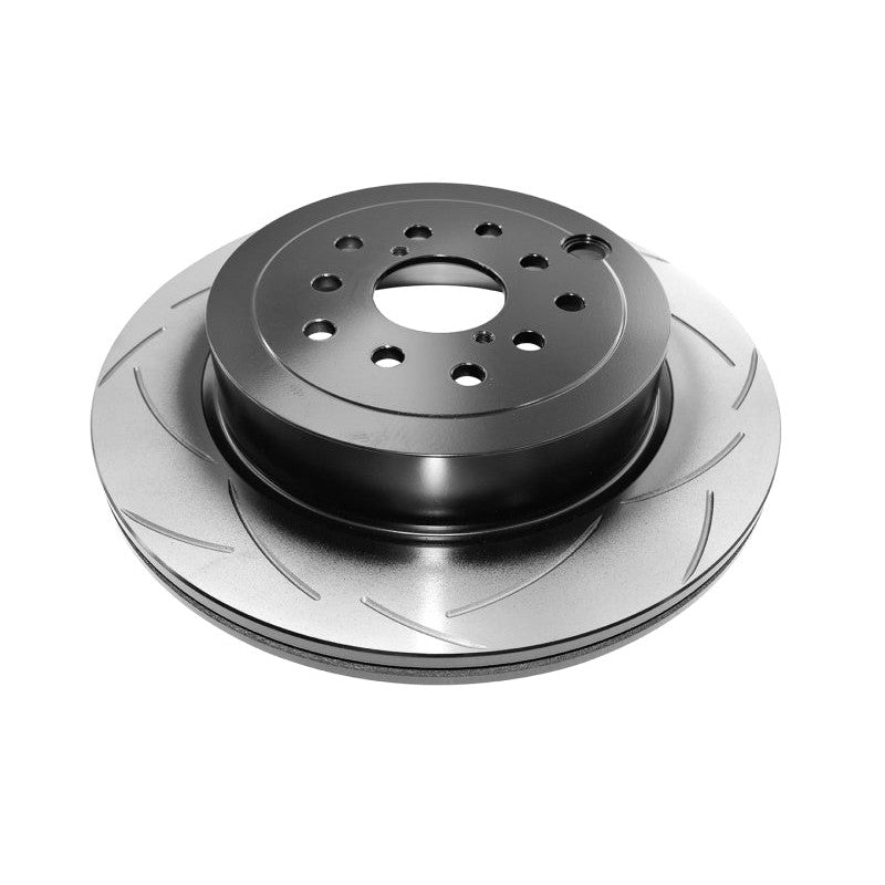 DBA T2 Street Series rear brake rotor with bi-symmetrical slots and Kangaroo Paw ventilation pillars.
