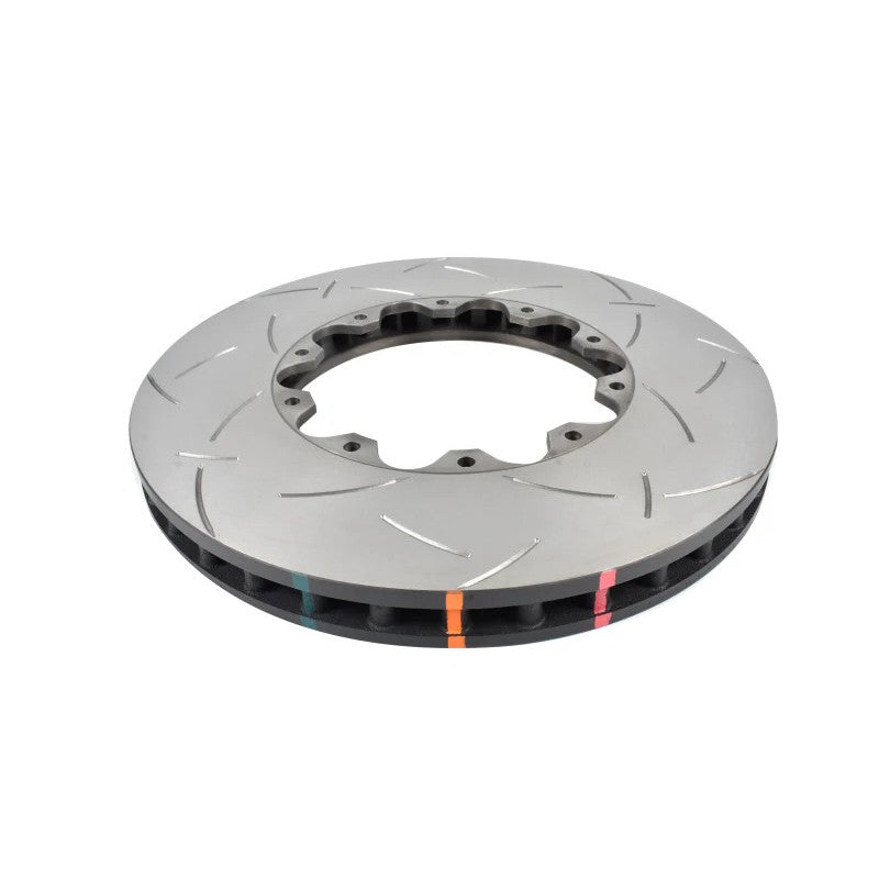 DBA 5000 Series T3 bi-directional slotted 2-piece brake rotor showing aluminum hat and M6 mounting nuts.