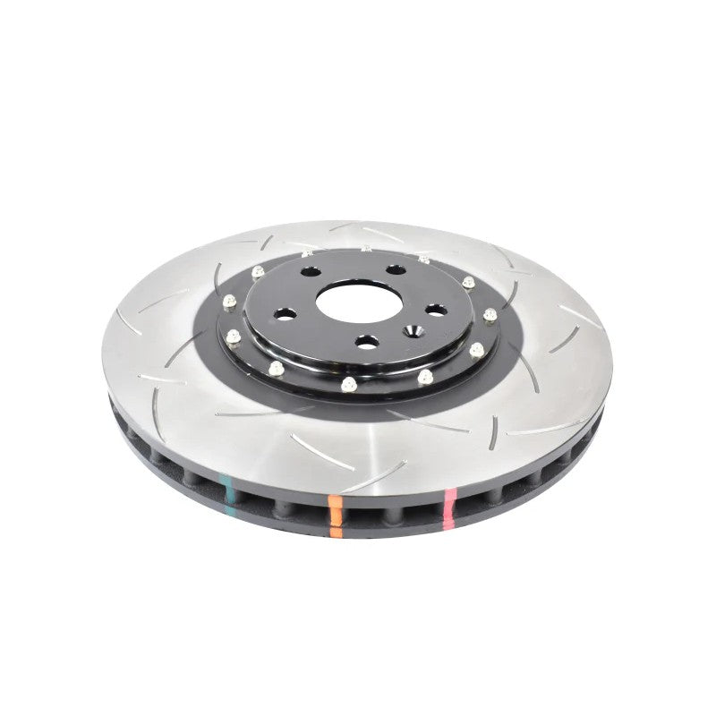 DBA 5000 Series T3 slotted two-piece brake rotor with black aluminum hat and NAS mounting nuts.