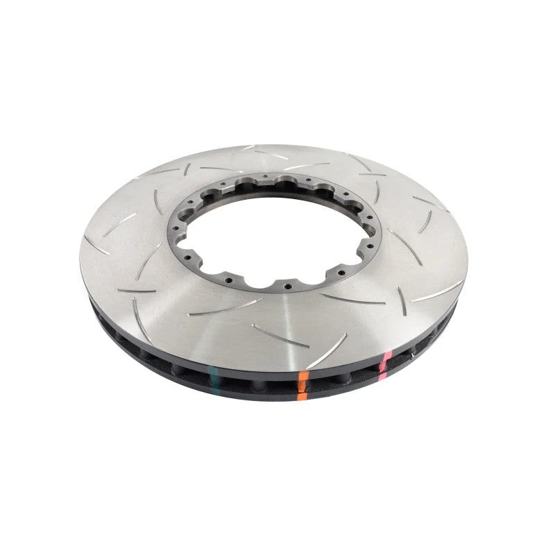 DBA 5000 Series T3 slotted two-piece brake rotor showing bi-directional slot pattern and NAS mounting hardware.