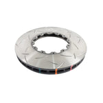 DBA 5000 Series T3 slotted two-piece brake rotor showing bi-directional slot pattern and NAS mounting hardware.