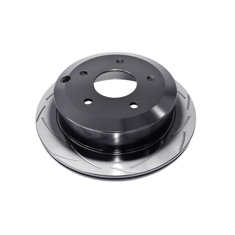 DBA T2 Street Series rear slotted brake rotor featuring bi-symmetrical T-slots and Kangaroo Paw ventilation pillars.