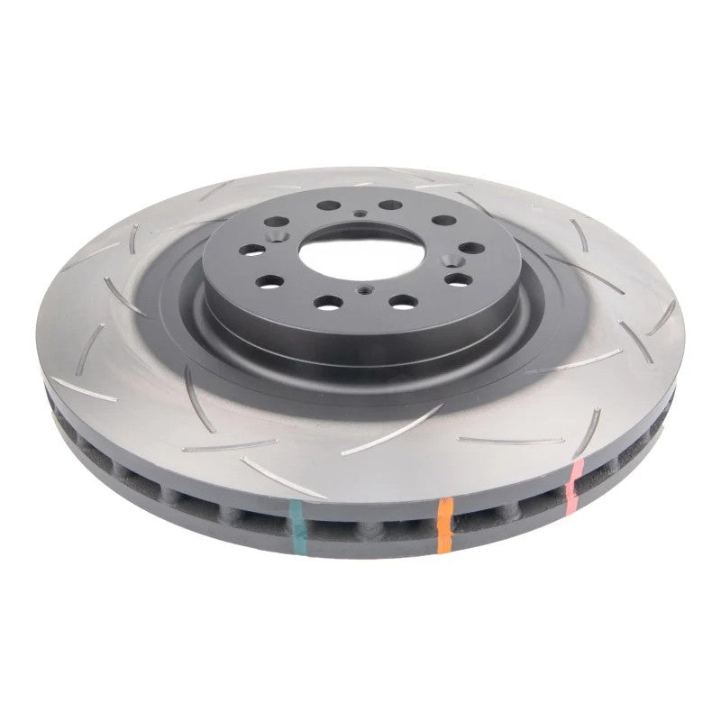 DBA 4000 Series T3 slotted front brake rotor featuring tri-symmetrical slots and high-carbon alloyed iron construction.