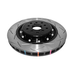 Two-piece DBA 5000 Series T3 slotted front brake rotor with black T6061-T6 aluminum hat and high-carbon iron ring.