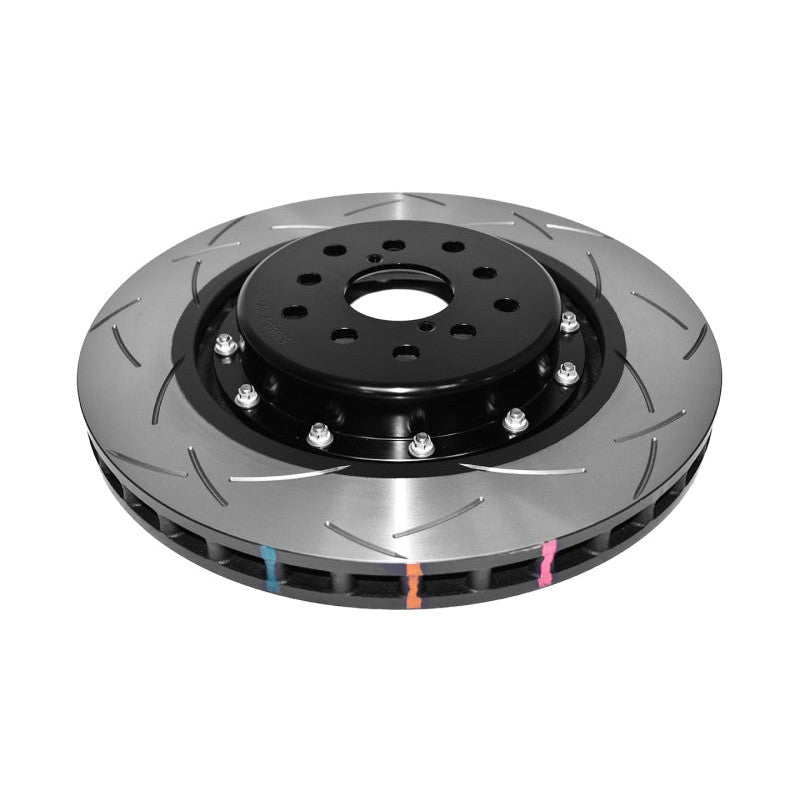 Two-piece DBA 5000 Series T3 slotted front brake rotor with black T6061-T6 aluminum hat and high-carbon iron ring.