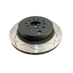 DBA 4000 Series T3 slotted rear brake rotor featuring tri-symmetrical CNC slots and high-carbon alloy construction.